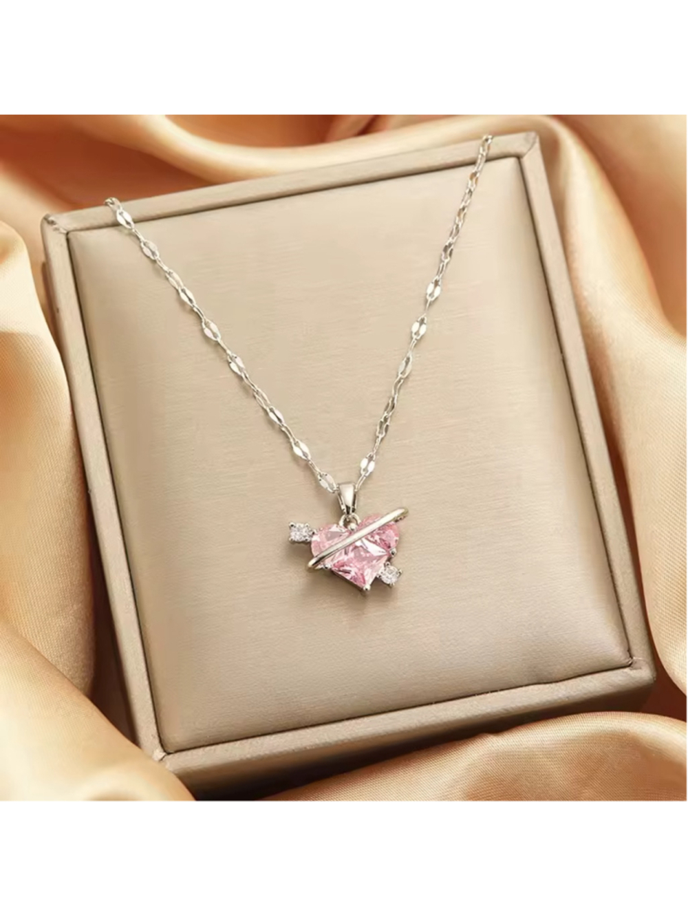 Heart Planet Pendant Silver Tone Necklace with Pink & White Cubic Zirconia NWT
